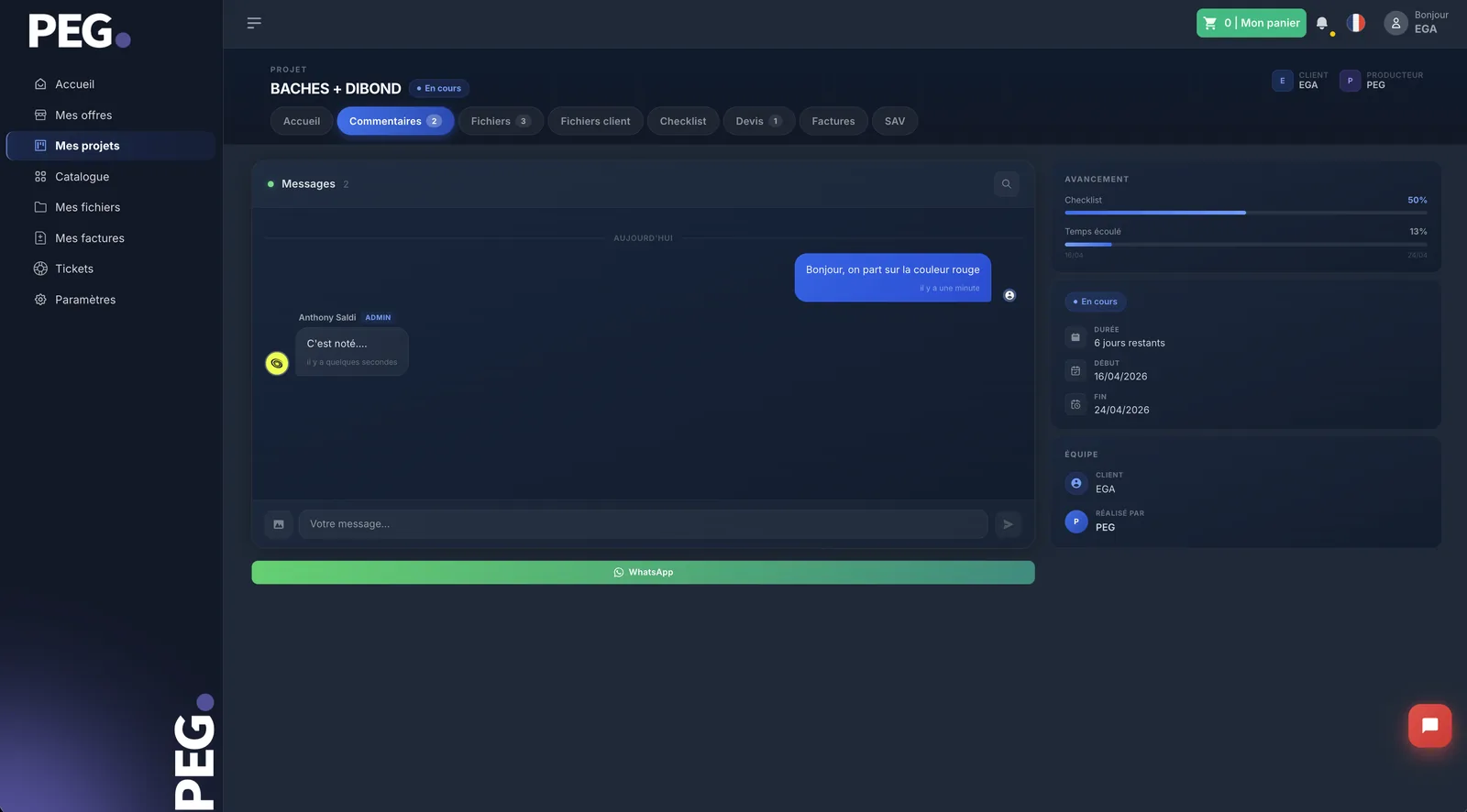 Messagerie du projet BÂCHES + DIBOND dans l’espace client